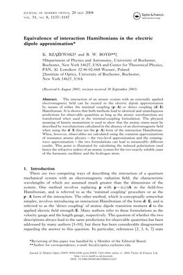 Equivalence of Interaction Hamiltonians in the Electric Dipole Approximation*