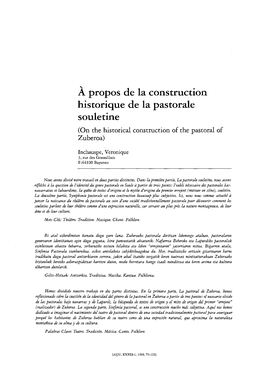 Apropos De La Construction Historique De La Pastorale Souletine (On the Historical Construction of the Pastoral of Zuber,Oa)