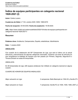 Índice De Equipos Participantes En Categoría Nacional 1928-2021 (I)