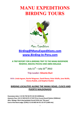 Manu Expeditions Birding Tours