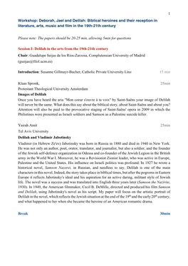 1 Workshop: Deborah, Jael and Delilah: Biblical Heroines and Their Reception in Literature, Arts, Music and Film in the 19Th-21Th Century