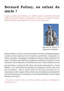 Bernard Palissy, Un Enfant Du Siècle ?