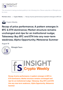 Recap of Price Performance; a Pattern Emerges in BTC & ETH