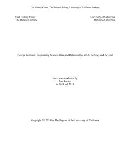 Oral History Center University of California the Bancroft Library Berkeley, California George Leitmann: Engineering Science, R