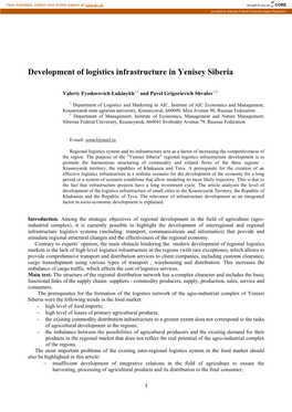 Development of Logistics Infrastructure in Yenisey Siberia