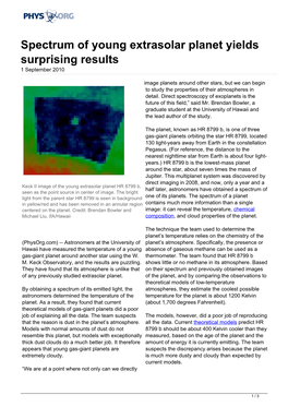 Spectrum of Young Extrasolar Planet Yields Surprising Results 1 September 2010