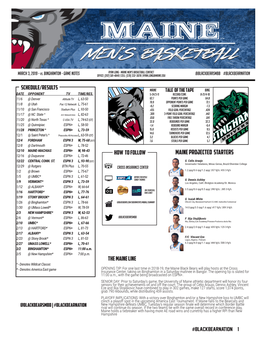 MAINE PROJECTED STARTERS 12/16 @ Duquesne ESPN+ L, 72-46 12/22 CENTRAL CONN
