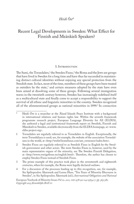 Recent Legal Developments in Sweden: What Effect for Finnish and Meänkieli Speakers?