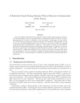 A Relatively Small Turing Machine Whose Behavior Is Independent of Set Theory