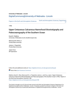 Upper Cretaceous Calcareous Nannofossil Biostratigraphy and Paleoceanography of the Southern Ocean