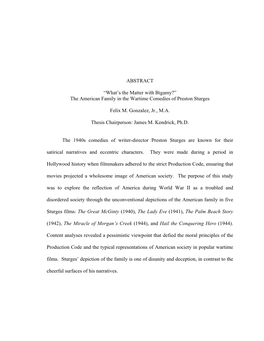 ABSTRACT “What's the Matter with Bigamy?” the American Family In