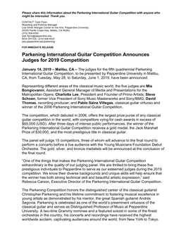 Parkening International Guitar Competition Announces Judges for 2019 Competition