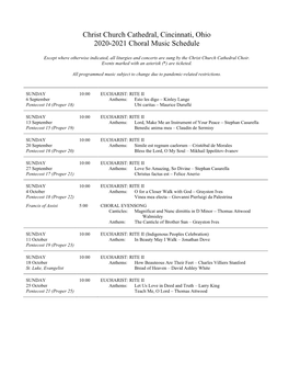 Christ Church Cathedral, Cincinnati, Ohio 2020-2021 Choral Music Schedule