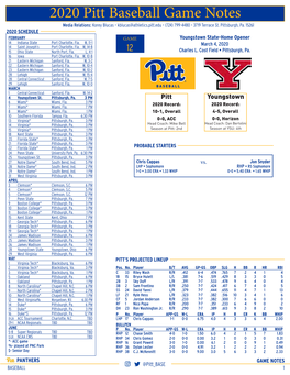 2020 Pitt Baseball Game Notes Media Relations: Korey Blucas • Kblucas@Athletics.Pitt.Edu • (724) 799-4480 • 3719 Terrace St