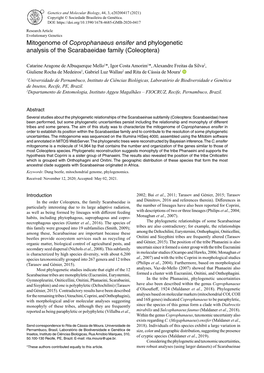 Mitogenome of Coprophanaeus Ensifer and Phylogenetic Analysis of the Scarabaeidae Family (Coleoptera)