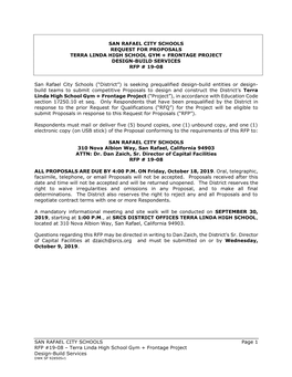 SAN RAFAEL CITY SCHOOLS Page 1 RFP #19-08 – Terra Linda High School Gym + Frontage Project Design-Build Services DWK SF 928505V1 I