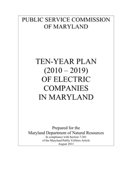 Ten-Year Plan (2010 – 2019) of Electric Companies in Maryland