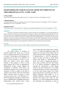 Geoinformatics for Places of Crime Occurrences in Tiruchirappalli City, Tamil Nadu