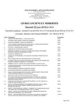 LIVRES ANCIENS ET MODERNES Samedi 22 Juin 2019 À 14 H