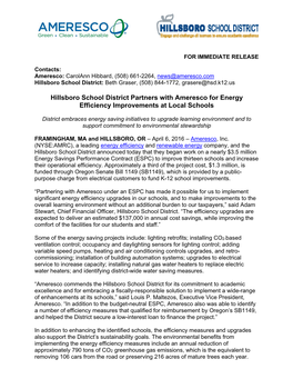 Hillsboro School District Partners with Ameresco for Energy Efficiency Improvements at Local Schools