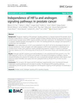 Independence of Hif1a and Androgen Signaling Pathways in Prostate Cancer Maxine G