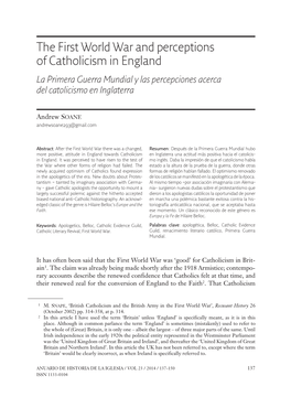 The First World War and Perceptions of Catholicism in England La Primera Guerra Mundial Y Las Percepciones Acerca Del Catolicismo En Inglaterra