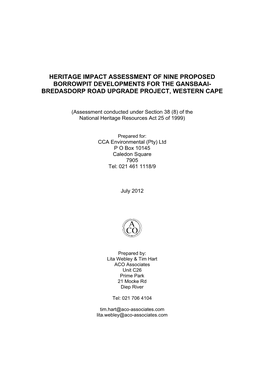 Heritage Impact Assessment of Nine Proposed Borrowpit Developments for the Gansbaai- Bredasdorp Road Upgrade Project, Western Cape