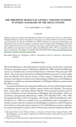 The Philippine Rubiaceae Genera: Updated Synopsis in Intkey Databases of the Delta System