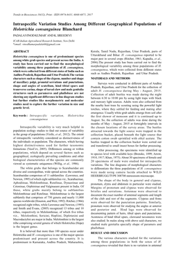 Intraspecific Variation Studies Among Different Geographical Populations of Holotrichia Consanguinea Blanchard PADALA VINOD KUMAR* and K