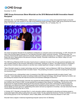 CME Group Announces Steve Wozniak As the 2018 Melamed-Arditti Innovation Award Recipient