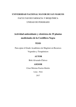 Actividad Antioxidante Y Citotóxica De 35 Plantas Medicinales De La Cordillera Negra