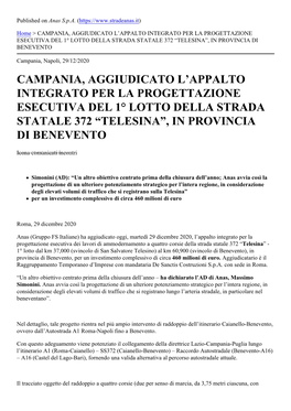 Campania, Aggiudicato L™Appalto Integrato Per La