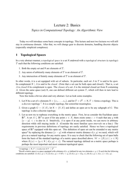 Lecture 2: Basics Topics in Computational Topology: an Algorithmic View