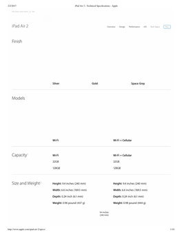 Finish Models Capacity Size and Weight Ipad Air 2