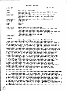 Linguistics and Information Science. LINCS Project Document Series