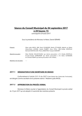 Séance Du Conseil Municipal Du 04 Septembre 2017 À 20 Heures 15 Convoqué Le 24 Août 2017