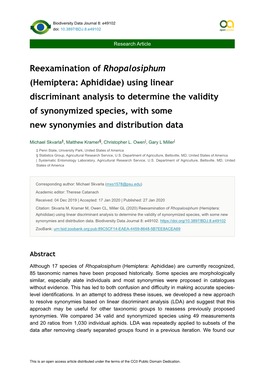 Hemiptera: Aphididae) Using Linear Discriminant Analysis to Determine the Validity of Synonymized Species, with Some New Synonymies and Distribution Data