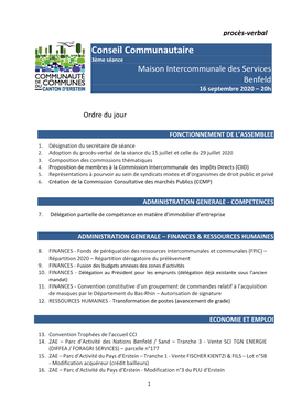 Conseil Communautaire 3Ème Séance Maison Intercommunale Des Services Benfeld 16 Septembre 2020 – 20H