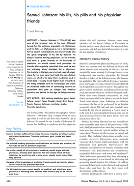 Samuel Johnson: His Ills, His Pills and His Physician Friends
