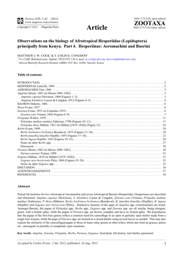 Observations on the Biology of Afrotropical Hesperiidae (Lepidoptera) Principally from Kenya