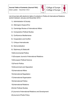 List of Journals with Electronic Table of Contents in Politics & International