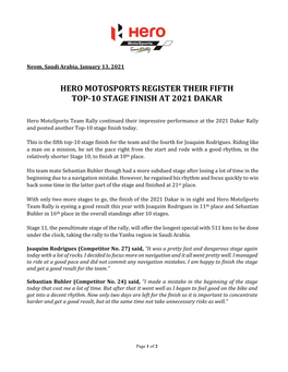 Hero Motosports Register Their Fifth Top-10 Stage Finish at 2021 Dakar