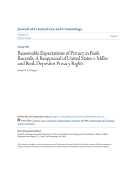 Reasonable Expectations of Privacy in Bank Records: a Reappraisal of United States V