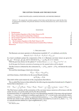 THE COTTON TENSOR and the RICCI FLOW 1. Preliminaries 1 2