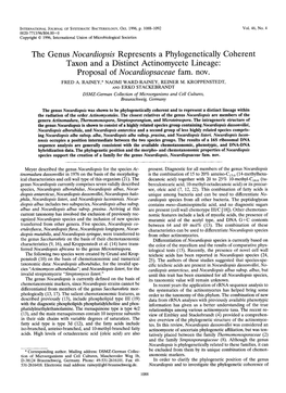 The Genus Nocardiopsis Represents a Phylogenetically Coherent Taxon and a Distinct Actinomycete Lineage: Prodosal of Nocardiomaceae Fam