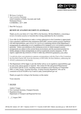 Mr James Catchpole A/G Committee Secretary Joint Committee of Public Accounts and Audit Parliament House CANBERRA ACT 2600