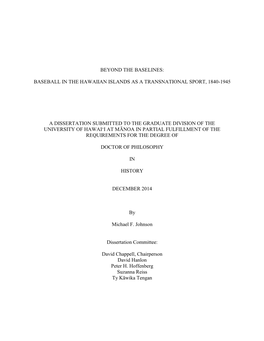 Baseball in the Hawaiian Islands As a Transnational Sport, 1840-1945