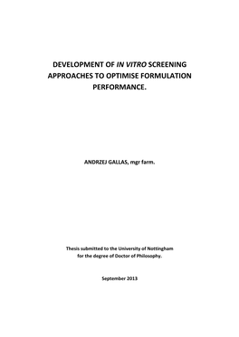 Development of in Vitro Screening Approaches to Optimise Formulation Performance