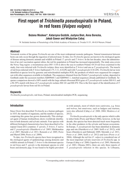 First Report of Trichinella Pseudospiralis in Poland, in Red Foxes (Vulpes Vulpes)