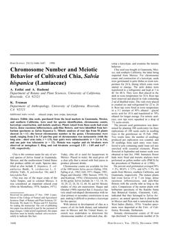 Chromosome Number and Meiotic Behavior of Cultivated Chia, Salvia